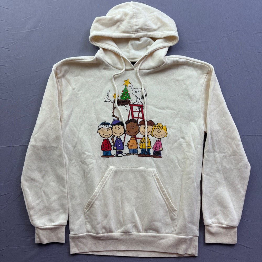 Peanuts Christmas Graphic Hoodie Cream Snoopy Charlie Brown Gang Small